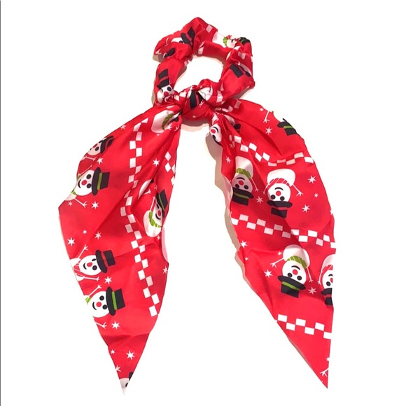 Christmas Holiday Scarf Scrunchie Ponytail Holder 2 in 1 Red Snowman - Picture 1 of 5